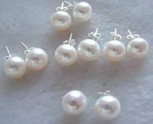 

5 Pairs 7-8MM Natural White Akoya Cultured Pearl Silver Stud Earrings AAA