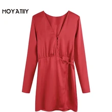Moyatiy – Mini robe en Satin rouge, tenue de soirée élégante, col en v, manches longues, pour jour de noël, pour femmes, 2022 