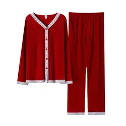 Fdfklak Spring Autumn Sleepwear Women's Cotton Set Woman 2 Pieces Long Sleeve Trouser Home Clothes Large Size Bride Pajamas 3XL