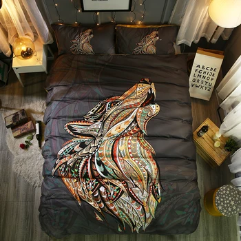 

3D animal printed bedding sets black background colorful national wolf printing bedding sets 2/3 pcs