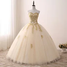 Quinceanera Dresses Gold Ball Gown Lace Appliques Beaded Strapless Vestidos de 15 Anos Envio Gratis Vestido De Princesa