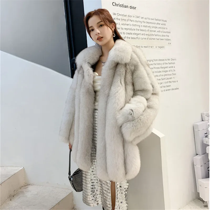 Luxury Woman Coat Real Fox Fur Coat Natural Blue Fox Overcoat Women High Quality Fashion Young Warm Female Outerwear Plus Size