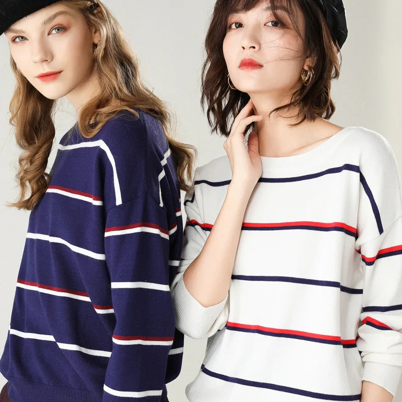 

Autumn Loose Wool Sweater Bottoming Shirt Sweater Women's Pullover Thin Tops Women's Casual All-match Striped Knitted Female