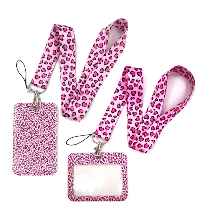 Pink Leopard Print Art Cartoon Anime Fashion Lanyards Bus ID Name Work Card Holder Accessories Decorations Kids Gifts