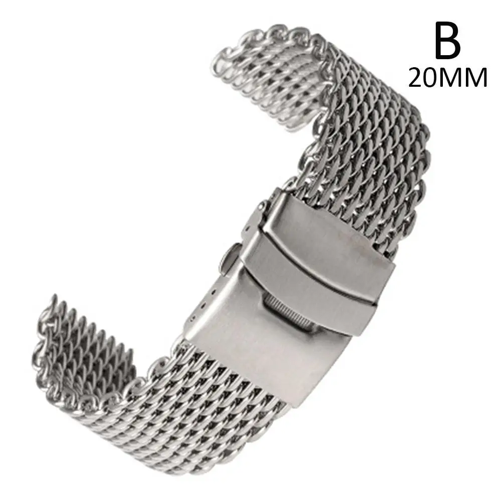 18/20/22/24mm Steel Shark Mesh Watch Band Strap Silver Bracelet Watchband Milan Mesh Weaving Double Snap Strap