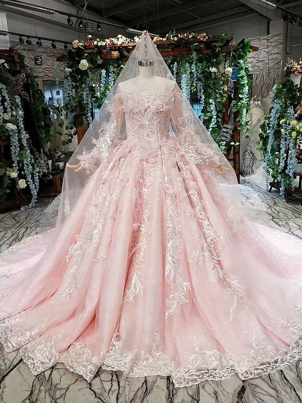 LS11994 бальное платье Свадебные платья длинный рукав перья Иллюзия вуаль складочный орнамент ruched розовое свадебное платье vestidos de boda - Цвет: as picture