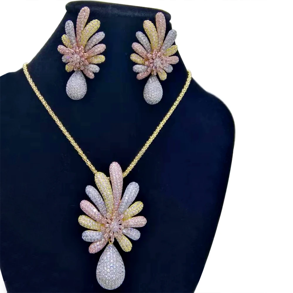 

GODKI Luxury 2PCS Flower Leaf Necklace Earring Set Dubai Wedding Jewelry Sets Engagement brincos para as mulheres 2022