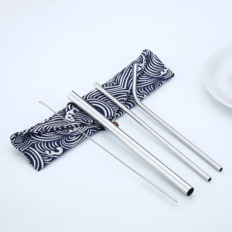 4pcs/Set Reusable 304 Stainless Steel Straw Barware Metal Drinking Straight Straws with Brush Bag Travel Outdoor Bar Accessories