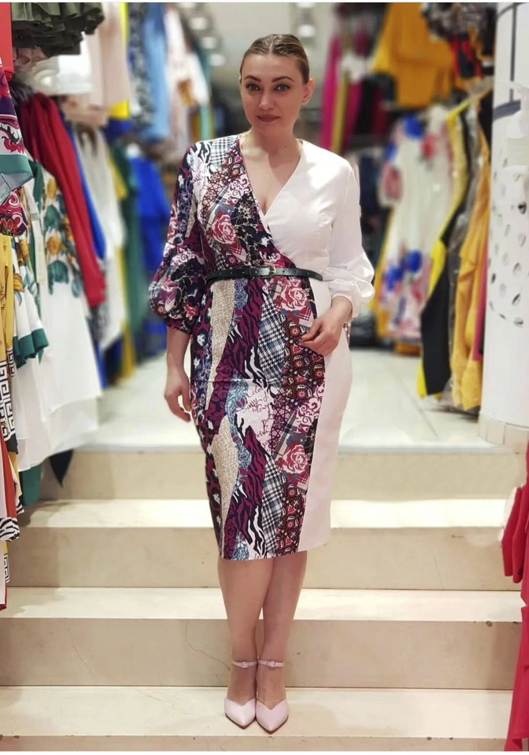 L-3XL Dress Large Size Womens Sexy V-Neck Nine-Point Sleeve + Belt Fashion Printing Elegant Temperament Stitching Dress 2021 New