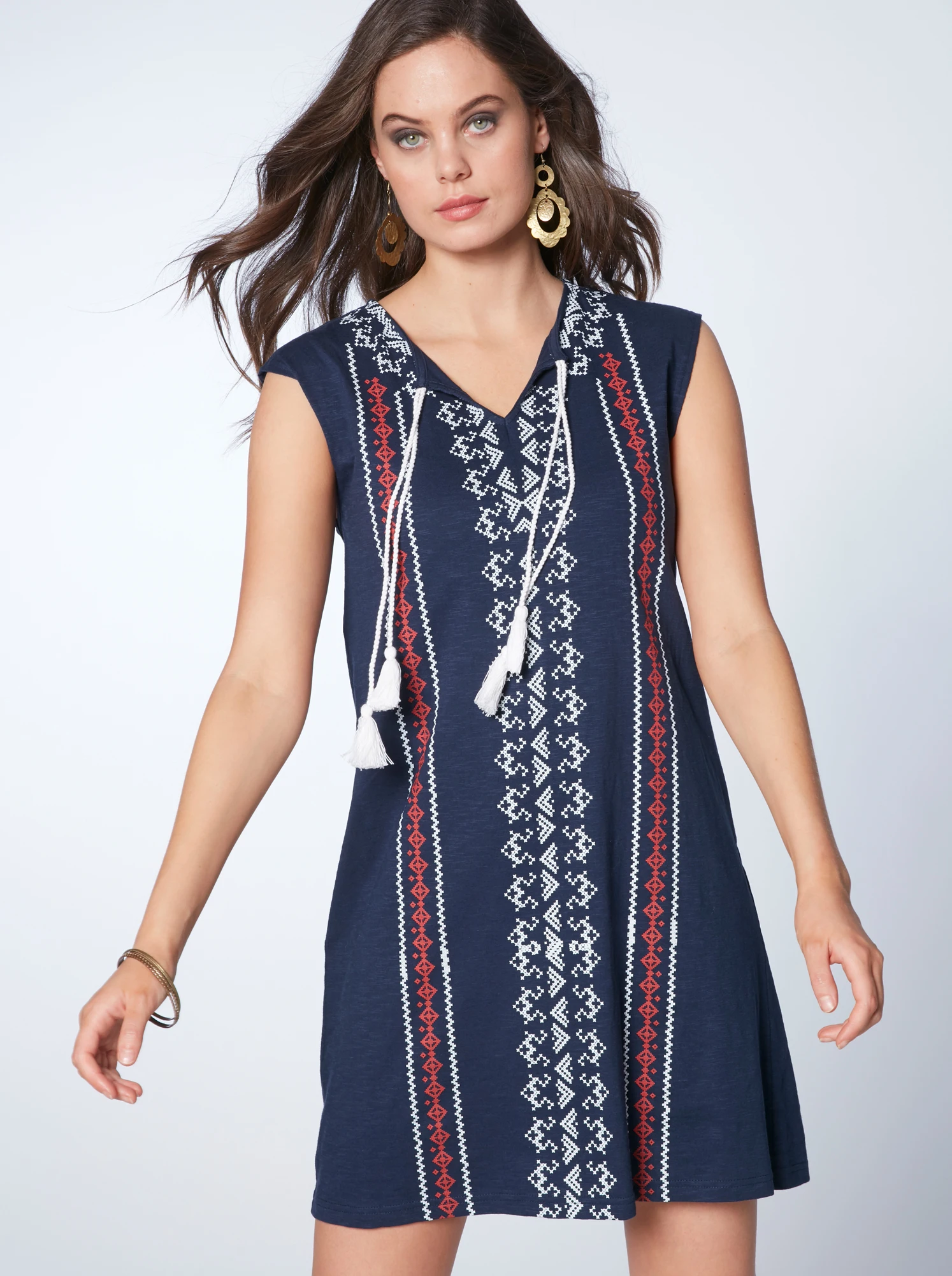 Vestido escote caftan con cordones y borlas mujer - 038378 | Женская одежда