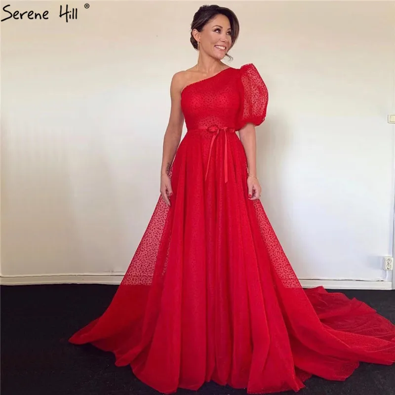 

Red One Shoulder Half Sleeves Evening Dresses 2019 Sashes Simple Sexy A-Line Evening Gowns Serene Hill LA70192