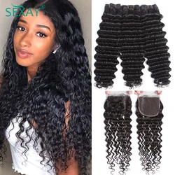 Sexay Deep Wave Bundles With Closure Pre Plucked Brazilian Human Hair Weave 3 4 Pcs Tight Deep Curly Hair Bundles With Closures