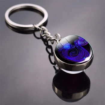 12 Constellation Keychain Fashion Double Side Cabochon Glass Ball Keychain Zodiac Signs Jewelry For Men For Women Birthday Gift 18