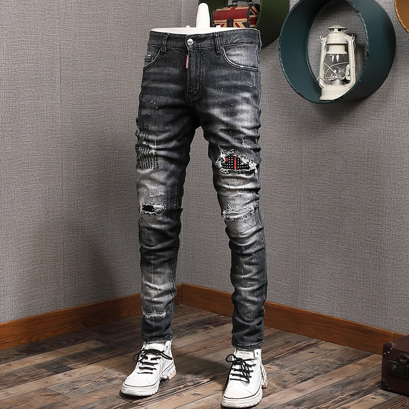 Pantalones vaqueros rasgados elásticos para hombre, Jeans Retro de moda urbana, negro y gris, diseño impreso, parche Hip Hop|Pantalones vaqueros| - AliExpress
