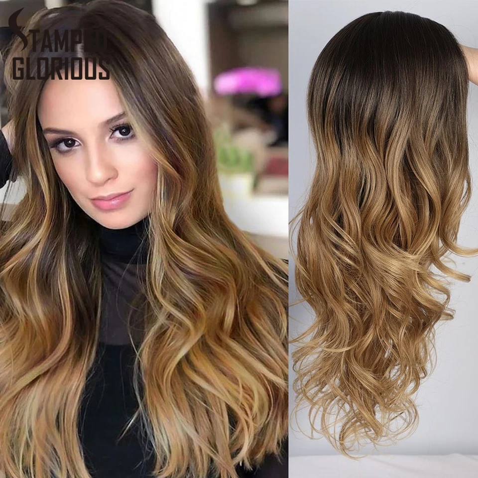 

STAMPED GLORIOUS Long Wavy Wig Synthetic Wigs Lace Front Wig Omber Brown Hair for Women Heat Resistant Part Side Glueless Hair