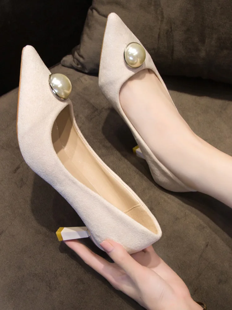 

Black High Heels Thin Heels Professional Wild Womens Shoes Shallow Mouth Pointed Pearl Single Shoes Elegant Dress Party Pumps