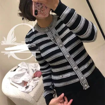 

2020 Autumn Striped Round Neck Long-Sleeve Knitwear Cardigan Women's Bodycon Sweater Office Lady Dress