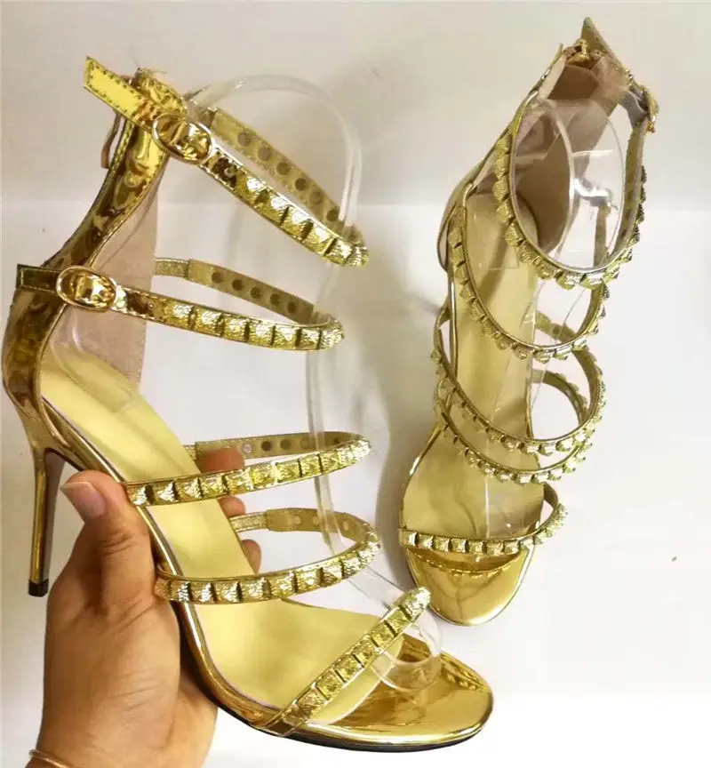 

Rivets Narrow Band Gladiator Sandals Woman New Luxury Brand Buckle Strap High-heeled Shoes Women Thin High Heels Ladies Sandals