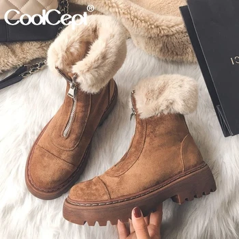 

Coolcept Women Snow Boots Real Leather Warm Fur High Heel Winter Shoes Woman Plush Fashion Platform Short Boot Size 34-40