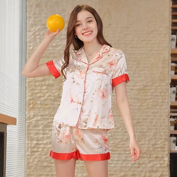 

Summer Short Sleeve Shorts Satin Silk Pajama Set Nightwear Print Sleepwear shorts Nightsuit pyjamas pijamas