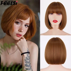 Short Bob Wig With Bangs Pure Color Black Brown Wig for Women Synthetic Bob Wigs  for Lolita Party Cosplay Daily Use