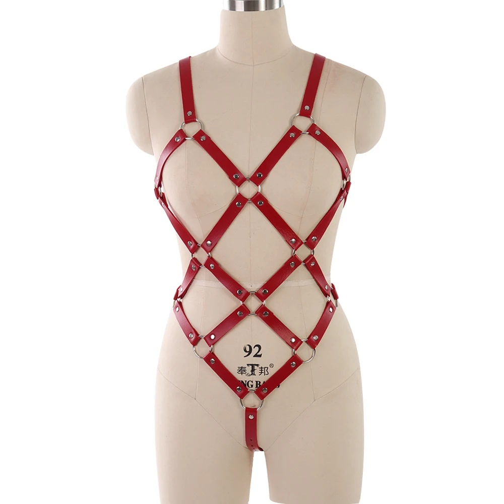 

Red Leather Harness Set Women Full Body Bondage Fetish Sexy Lingerie Erotic Chest Cage Garter Belt Stocking Goth Suspender Rave