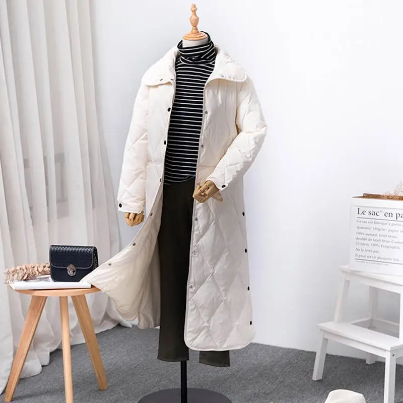 Ly Varey Lin зимняя длинная белая куртка на утином пуху Женская ультра легкая однобортная свободная утепленная куртка с отложным воротником теплые пальто - Цвет: White