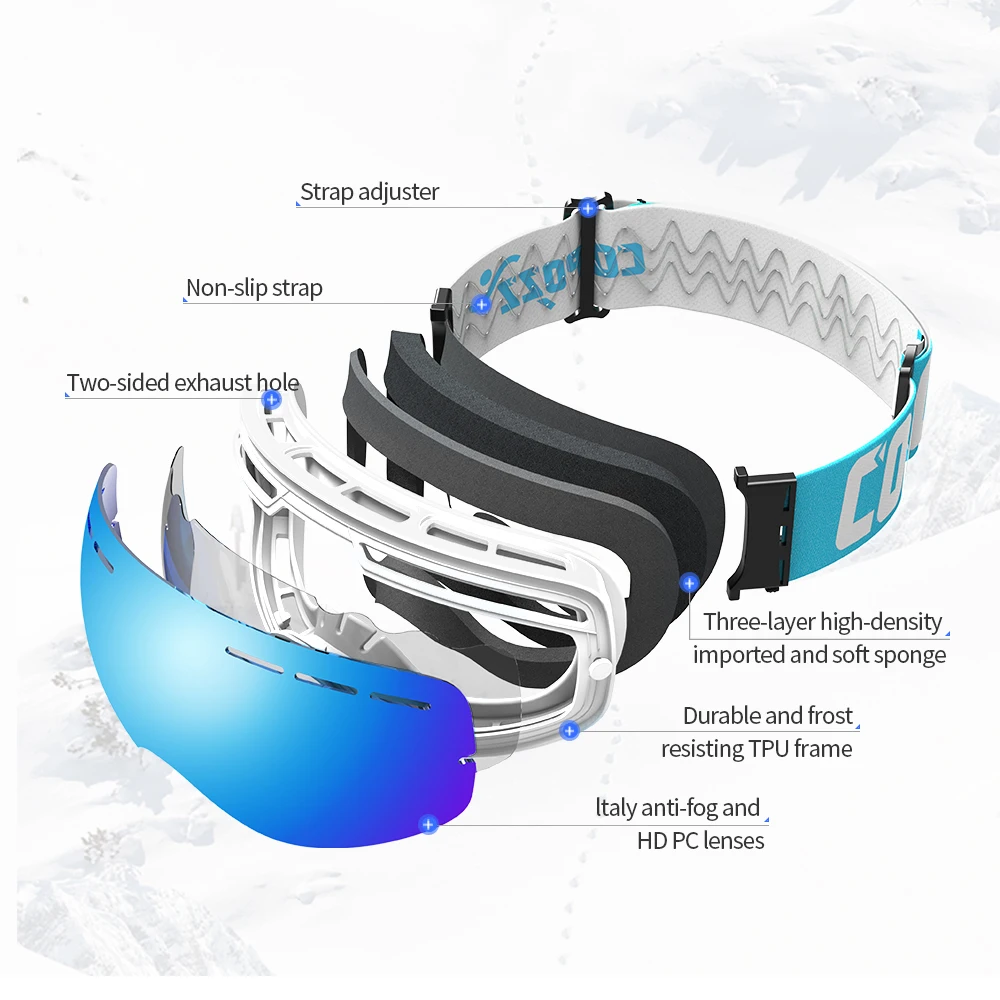 COPOZZ 4-15 years old Kids Ski Goggles Anti-fog Children Snowboard Goggles Double UV400 Skiing Mask Glasses with Cartoon Straps 2