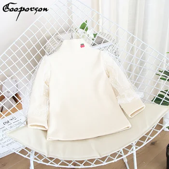 

Winter Fleece Lace Long Sleeve Tops Lace Cherry Embroidery Little Girls Cute Bottoming Shirt Children Blouse White Shirts