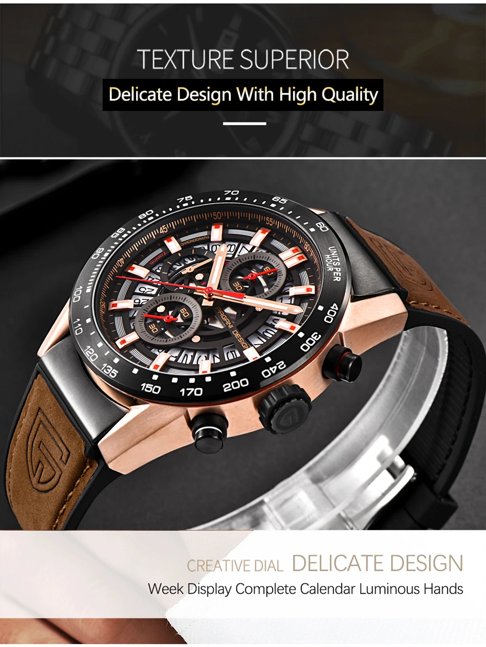 PAGANI Дизайн Модные скелетные спортивные часы с хронографом кожаный ремешок кварцевые мужские часы лучший бренд класса люкс водонепроницаемые часы