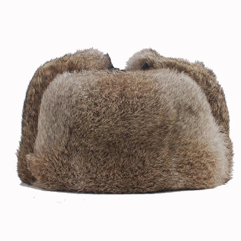 

1-High Quality Mens 100% Real Rabbit Fur Winter Hats Lei Feng hat With Ear Flaps Outdoor Warm Snow Caps Russian Hat Bomber Cap