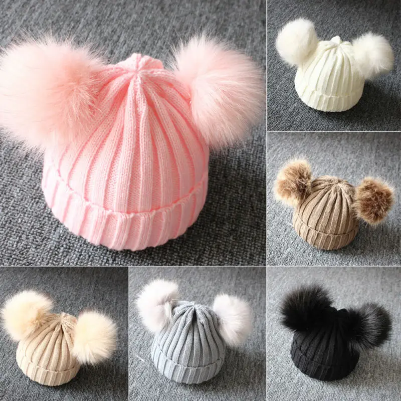 Children's winter infant newborn baby kids faux fur hat beanie with two double pom pom for boys and girl 1-3Y