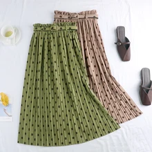 Осенне-зимняя женская длинная Плиссированная юбка с высокой талией, новинка, корейский стиль, узор в горошек, с поясом, приталенная юбка макси, Faldas