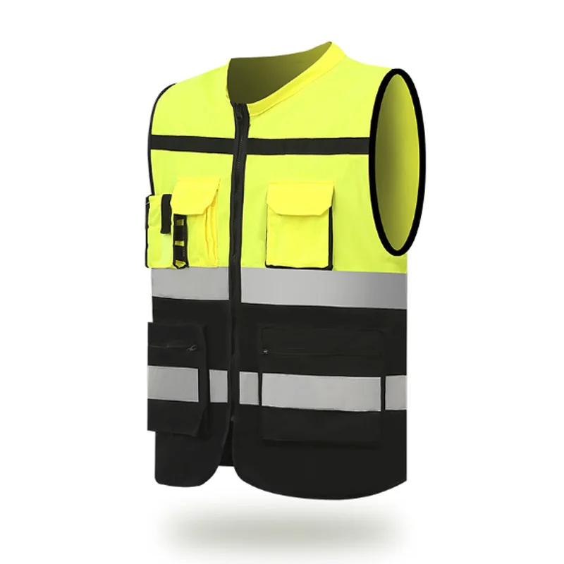 

High Visibility Reflective Vest Security Clothes for Work Wear Multi-Pocket Safety Vest Unisex Fluorescent Clothing with Zipper