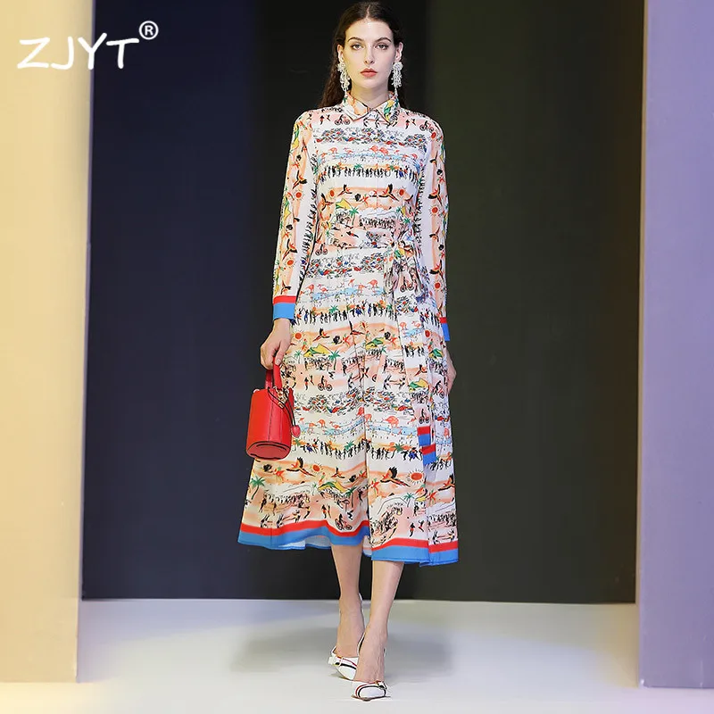 

High Quality Runway Dress 2020 Spring New Woman Clothes Fashion Long Sleeve Cartoon Print Casual Mid Calf Holiday Dresses