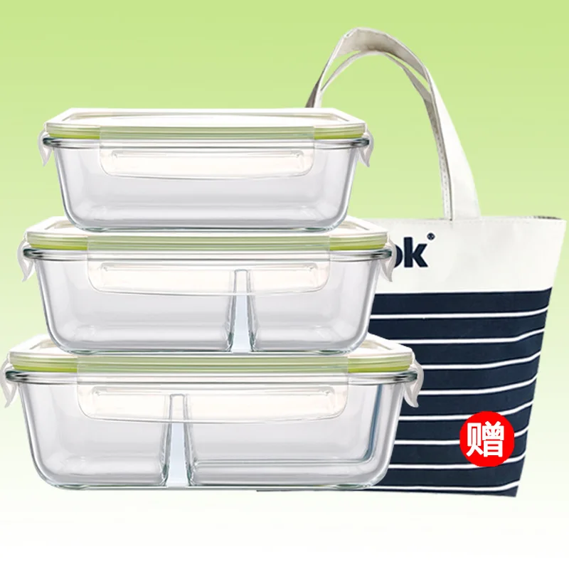 

Partition Glass Bowl Container Microwave Oven Heat-Resistant Sealed Lunch Box Rectangular round Preservation Box Large Capacity