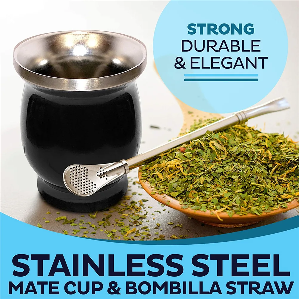 Stainless Steel Yerba Mate Natural Gourd/Tea Cup Set Argentinian Flag/Argentina Double-Walled Original Traditional Mate Cup - 8 Ounces Yerba Mate Straws | Includes 2 Bombillas & Cleaning Brush 