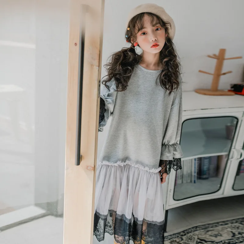 

2019 autumn new trumpet sleeves lace side cotton girls dresses casual fashion Korean children's clothing girls princess dress