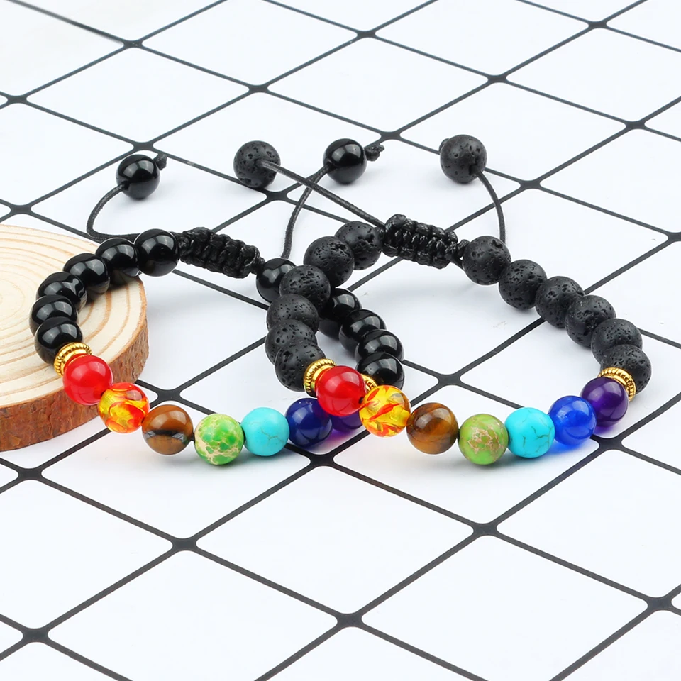 Crystal Chakra Bracelet Set - 7 Stone Beads With Volcanic Lava, 2 Pcs, Elastic