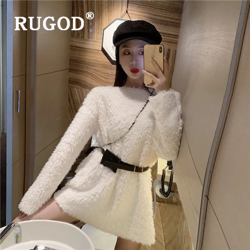 RUGOD флис теплая сплошная шикарная длинная фузззи свитер джемпер с О-образным вырезом Пуловер размера плюс женский корейский стиль пояс