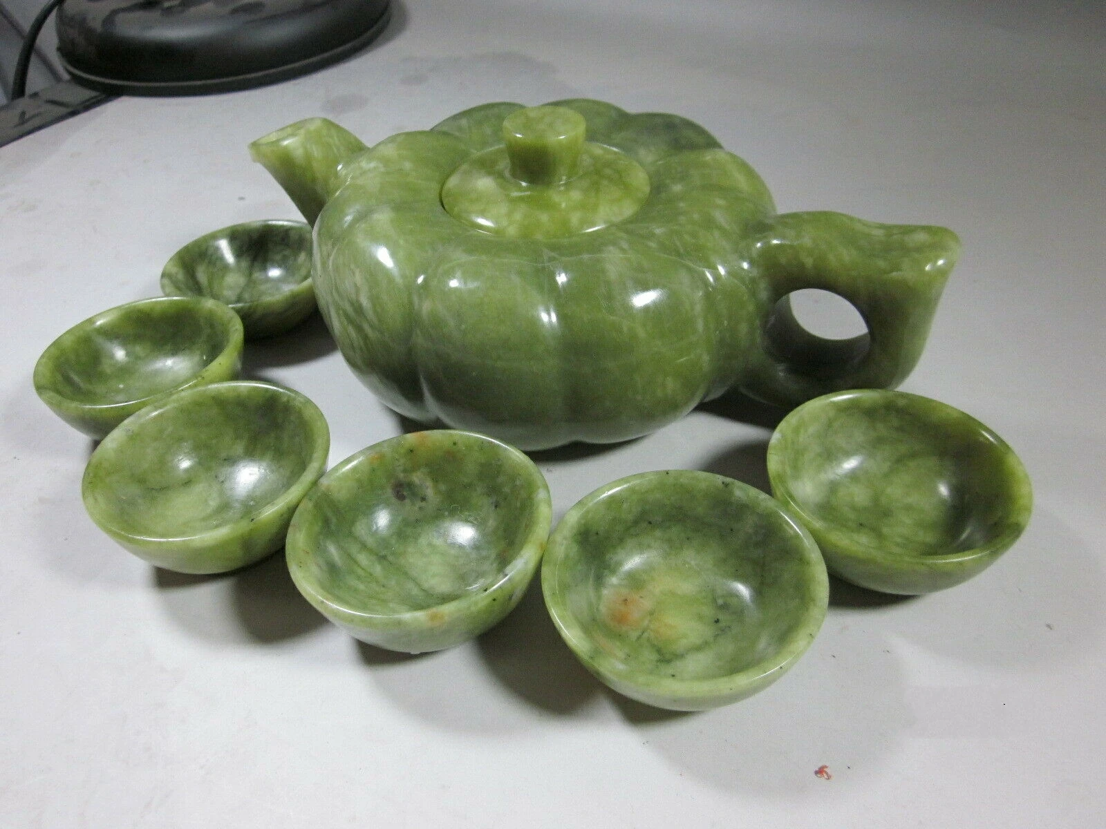 Chinese green jade hand carved statues Teapot cups amp Pumpkin one set