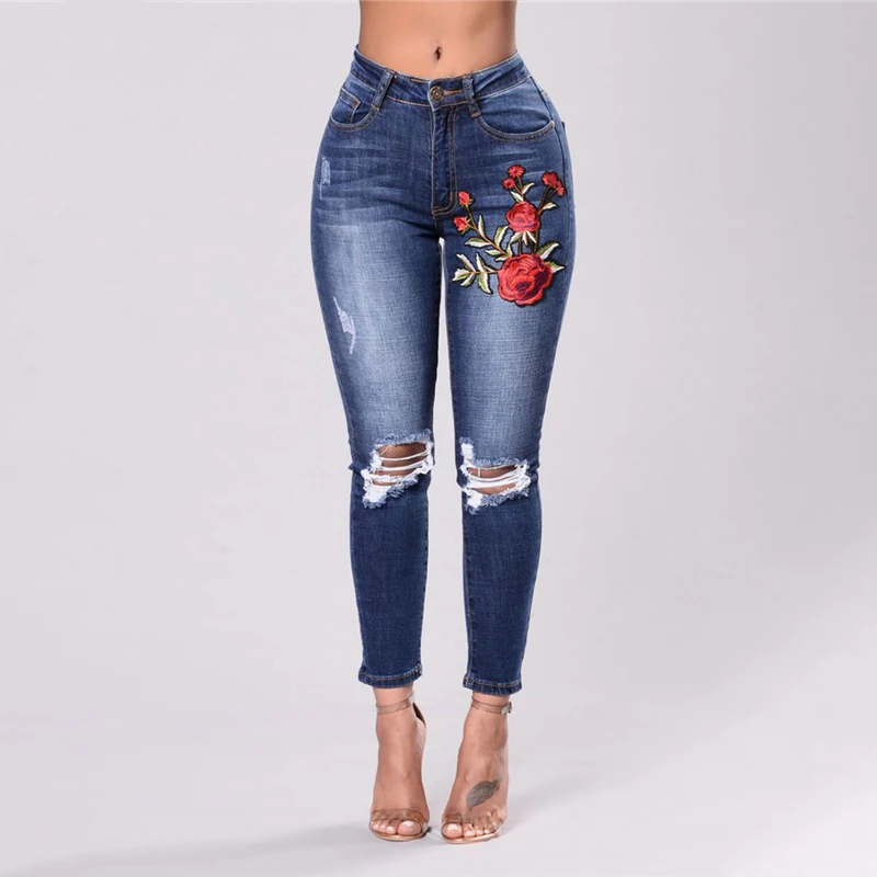 

2019 New Embroidered Jeans For Women Elastic Flower Jeans Ladies Pencil Denim Pants Hole Ripped Rose Pattern Jeans Pantalon Femm