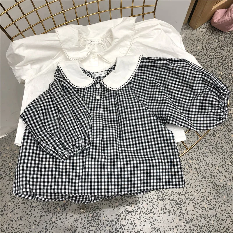 

2019 New Girls Blouse Solid Cotton Kid White Blouse Princess Design Baby Plaid Blouse Long Sleeve Shirts Girls Flower Emboridery
