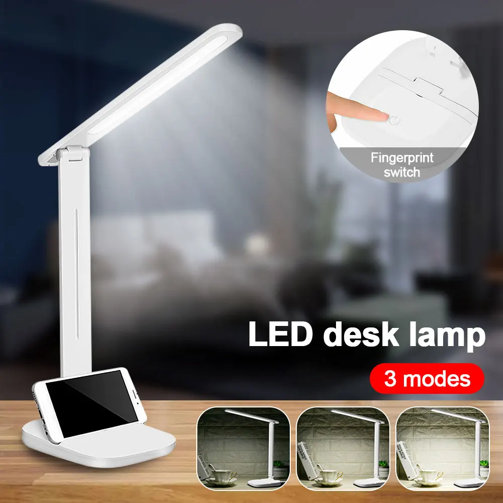 3 Color Light Touch LED Folding Table Lamp USB Port Dimmable Bedside Study Reading Lamp Adjustable Angle with Phone Holder