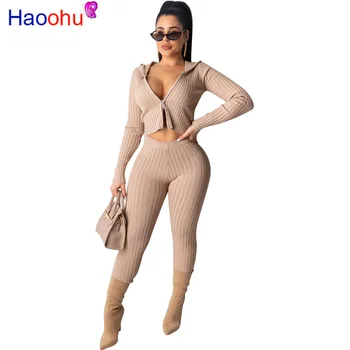 

2019 Winter Women Tracksuit Knitting Hooded Jackets +Pants Suits Two Piece Set Outfits Night Club Sexy Wool Bandage Sportswear
