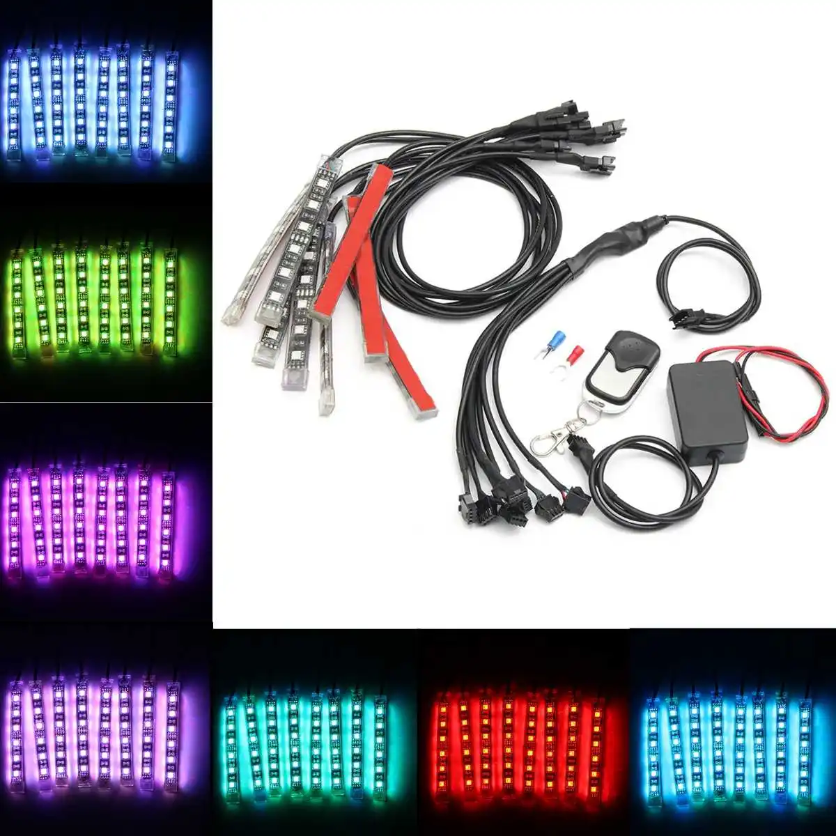 8 шт. мотоциклетные декоративные RGB мигающий свет гибкие 5050 светодиодный полосы 15 цветов Светящиеся неоновые беспроводной пульт дистанционного управления для Kawasaki