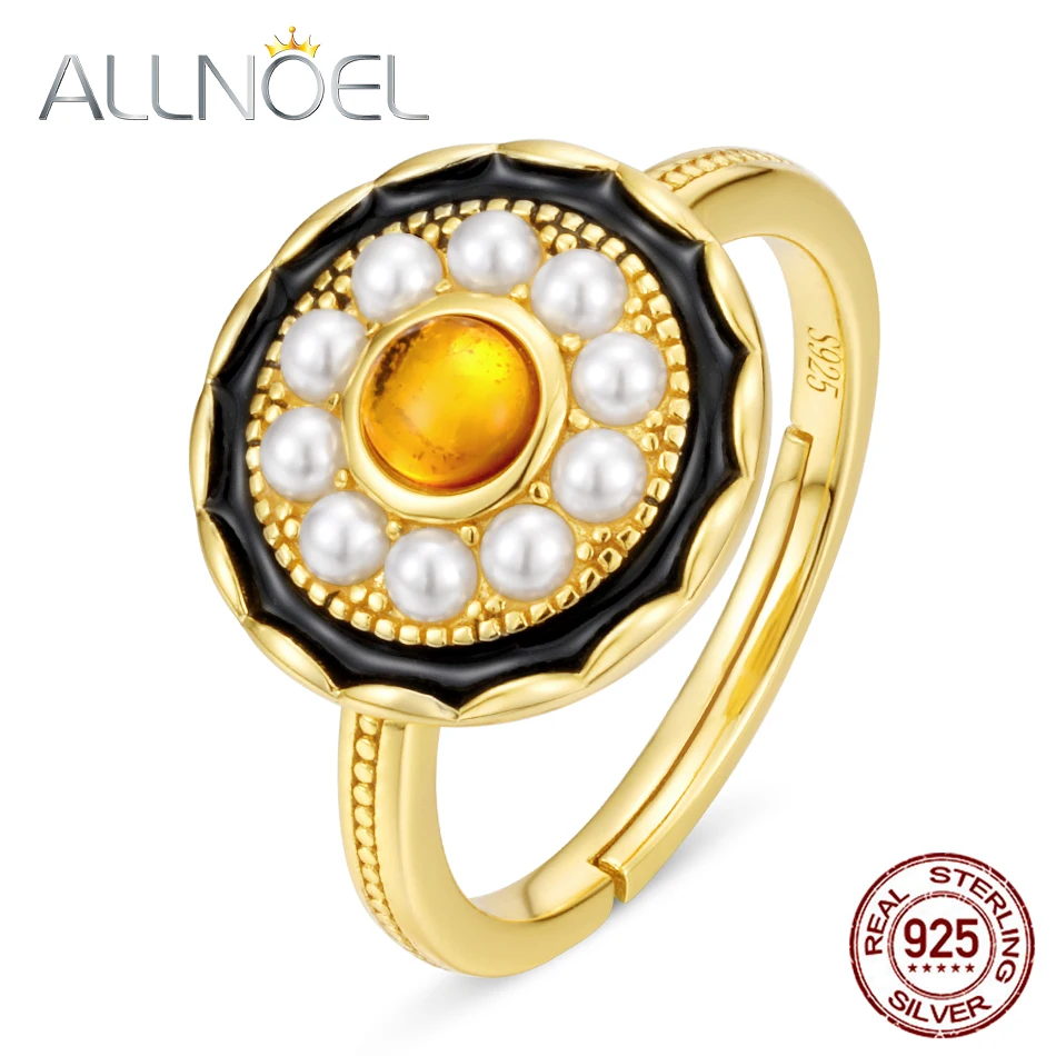 

ALLNOEL Silver 925 Jewelry Ring For Women Natural Amber Handmade Pearl Gemstone Rings Real Gold Wedding Luxury Jewelry Hot Sale