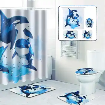 

Ocean Design Dolphin Waterproof Fabric Bathroom 3D Shower Curtain Set with Non Slip Toilet Cover Rugs Mat Home Decoration