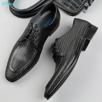 

QYFCIOUFU Luxury Men Oxford Shoes Men Dress Shoes Leather Italian Genuine Leather Pointed Toe Lace Up Wedding Office Formal Shoe