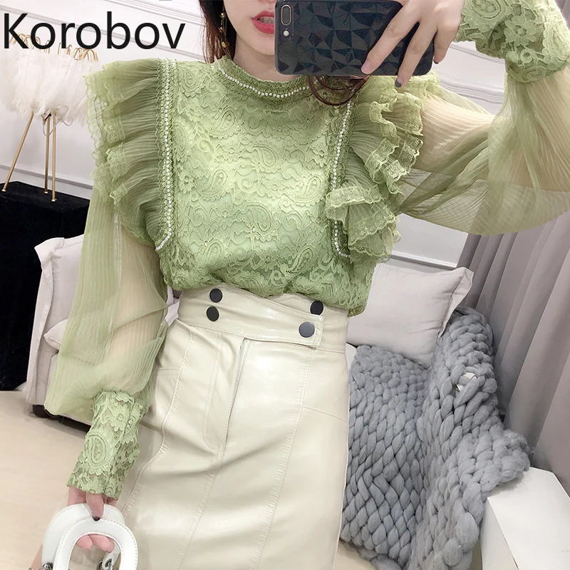 

Korobov Korean Elegant Chic Women Solid Lace Blouses Vintage Puff Sleeve O Neck Mujer Blusas Hollow Out Ruffles Shirts 79469